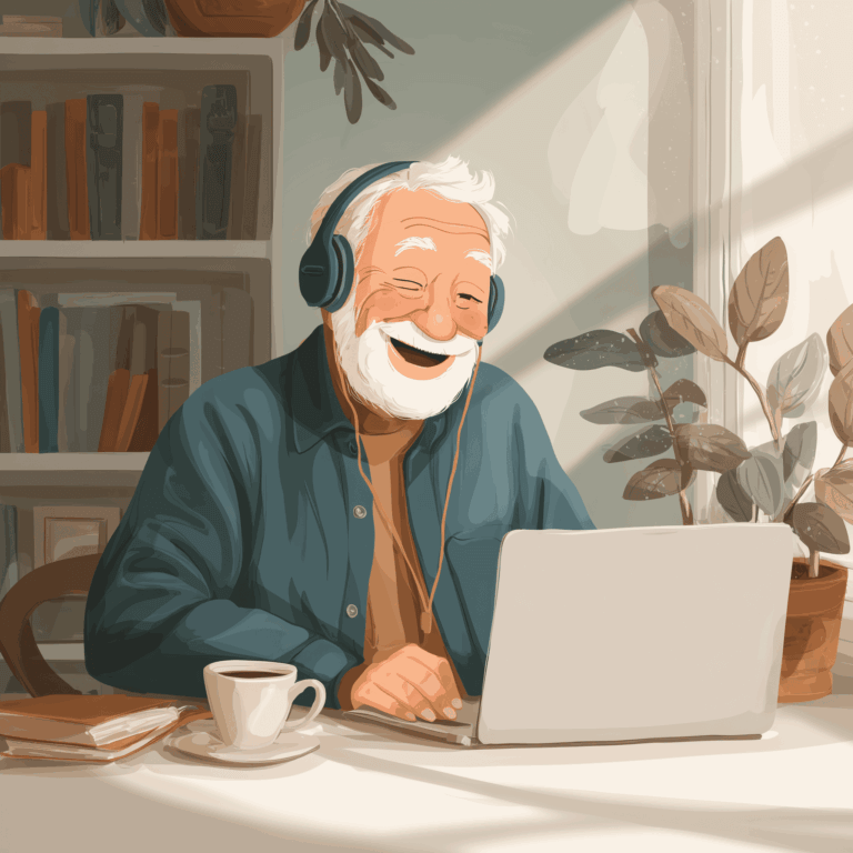 Opa sitzt am Laptop und lernt KI